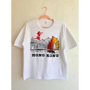 Vintage Hong Kong Graphic Print Ringer Tee Shirt in White 100% Cotton size 42